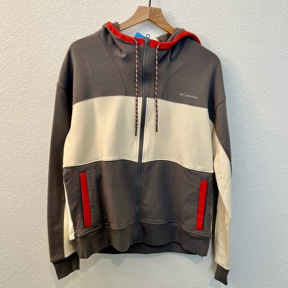 NWT Columbia Zip Up Gray Cream Red Hoodie with Logo- Size XL